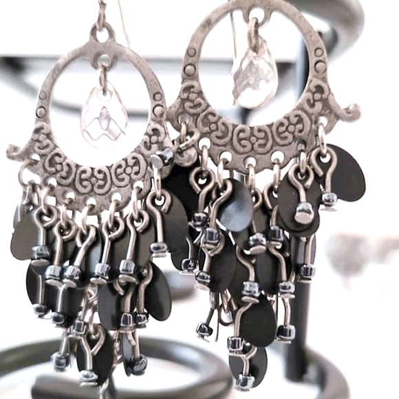 Vintage Silver Bohemian Antiqued Metal Beaded Chandelier Earrings Bracelet Set - Picture 4 of 8